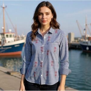 Tommy Bahama Button Down Shirt Palm  Gingham Checkered in Ocean Deep Women L EUC